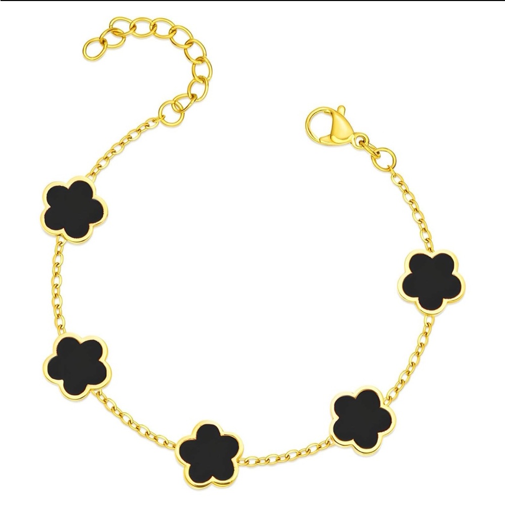 18K gold plated Stainless steel and Black Flower Charm Bracelet